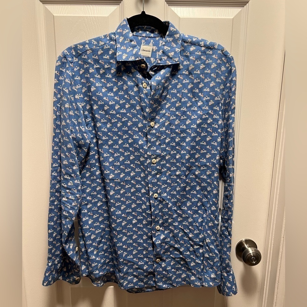 Drumohr | Button Down Blue Linen Men's Shirt Scooter Print Sz‎ S